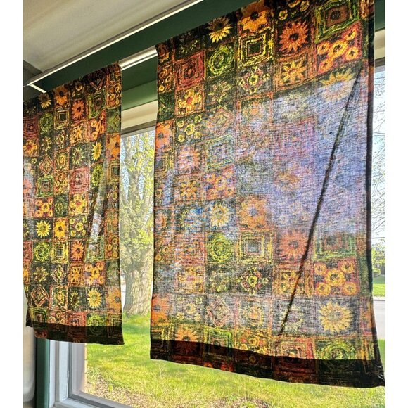Vintage 70s curtains, green, brown, orange, yellow faux patchwork, pair - Picture 3 of 10
